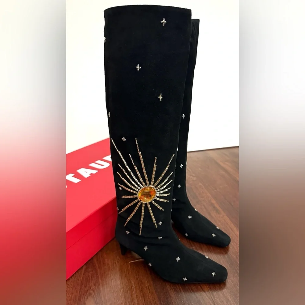 NWT STAUD Wally Suede Crystal embellished Tall Boots in Black Celestial Size 8 - Picture 6 of 17